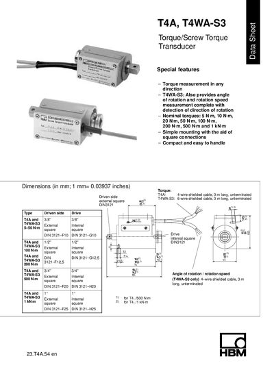 HBM T4A/T4WA-S3 Torque/Screw Torque Transducer Data Sheet - cover page