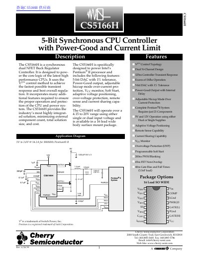 cherry semiconductor CS5166H 5-Bit Synchronous CPU Controller with Power-Good Current Limit handbook