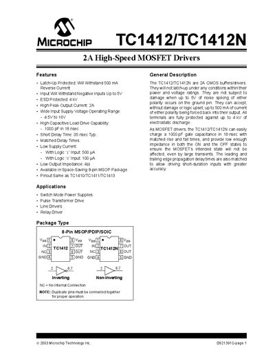 Microchip TC1412/TC1412N 2A High-Speed MOSFET Driver Datasheet - cover page