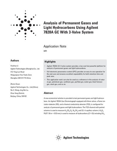 Agilent Analysis of permanent gases light hydrocarbons using Agilent 7820A GC with 3-valve system Manual - cover page