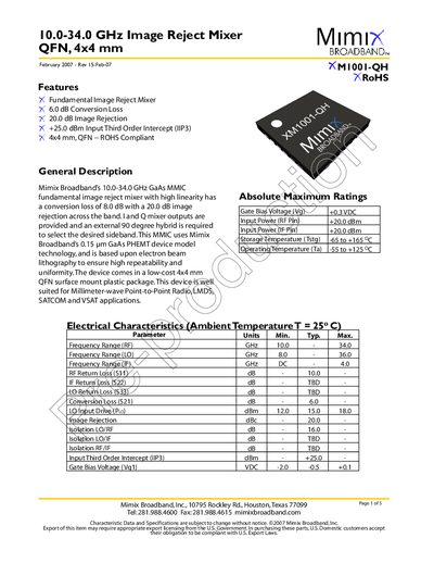 Mimix M1001-QH 10.0-34.0 GHz Image Reject Mixer QFN 4x4 mm - cover page