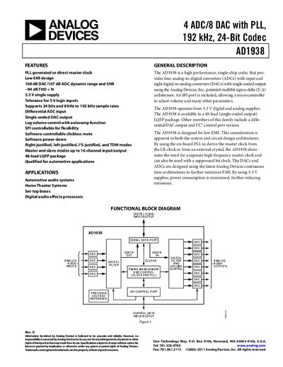 ANALOG DEVICES 4 ADC/8 DAC with PLL 192 kHz 24-Bit Codec AD1938 English products handbook Rev D
