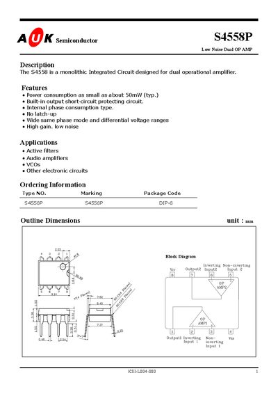 AK Semiconductor S4558P Dual Op Amp Datasheet - cover page