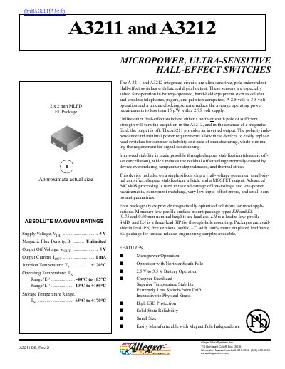 Allegro MicroSystems A3211/A3212 Hall-Effect Switch Datasheet - cover page