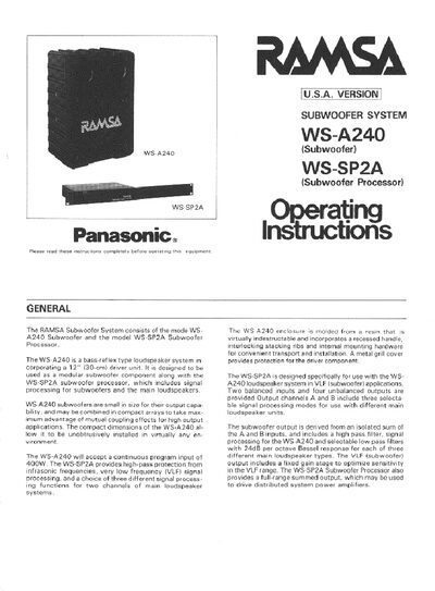 Panasonic WS-A240 & WS-SP2A Subwoofer System User Manual - cover page
