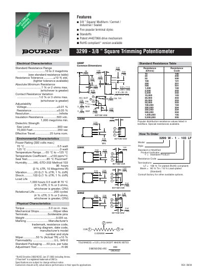 3M 3299-3/8 Square Trimming Potentiometer Datasheet - cover page