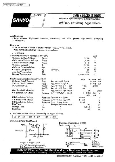 Sanyo 2SB829/2SD1065 Transistor Datasheet - cover page