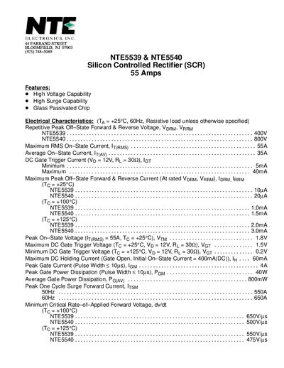 NTE NTE5539 & NTE5540 Silicon Controlled Rectifier (SCR) Datasheet - cover page