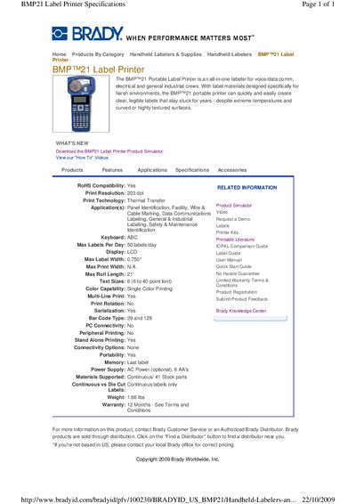 Brady BMP21 Label Printer Product Leaflet - cover page