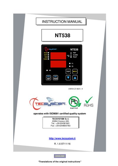 TECSYSTEM NT538 Control Unit Instruction Manual - cover page