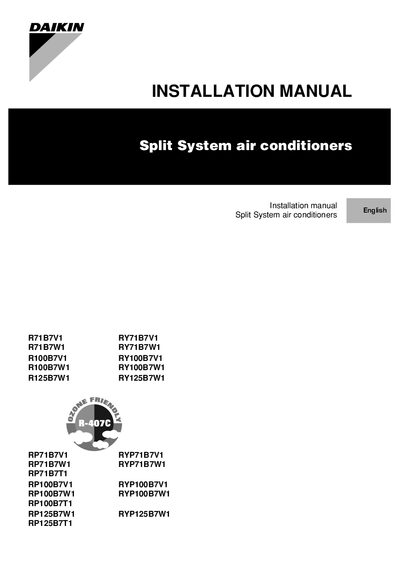 Daikin R(Y)(P)71~125B7 Split System Air Conditioners Installation Guide - cover page