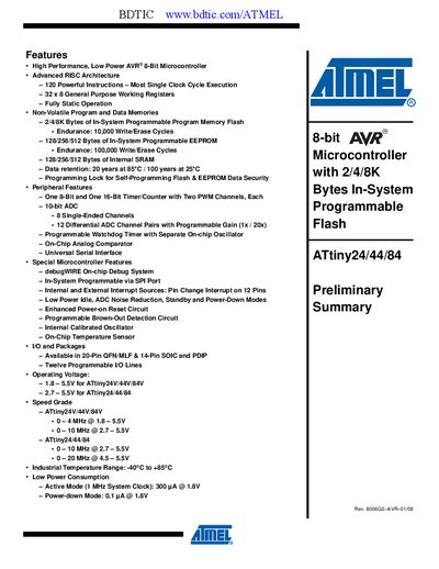 Atmel ATtiny24/44/84 Preliminary Summary Handbook - cover page