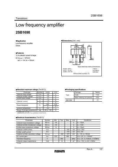 ROHM 2SB1698 Transistor Datasheet - cover page