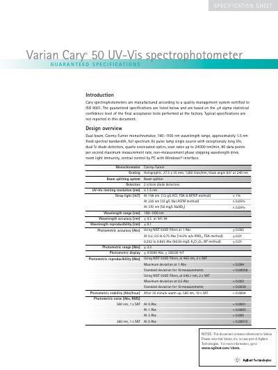 Agilent Cary 50 UV-Vis Spectrophotometer Guaranteed Specifications Manual - cover page