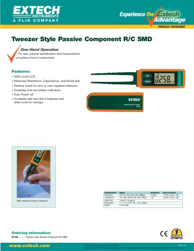EXTECH RC100 Tweezer Style Passive Component R/C SMD Datasheet - cover page
