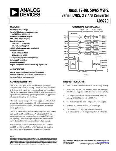 Analog Devices AD9229 Quad 12‑Bit 50/65 MSPS Serial LVDS 3 V A/D Converter Datasheet - cover page