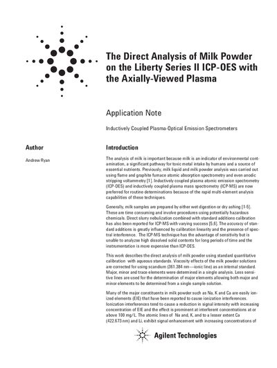 Agilent Liberty Series II Direct Analysis of Milk Powder Application Note - cover page