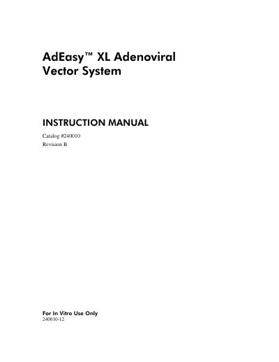 AdEasy XL Adenoviral Vector System Instruction Manual - cover page