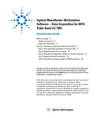 Agilent 6410 Triple Quad LC/MS Familiarization Guide - cover page