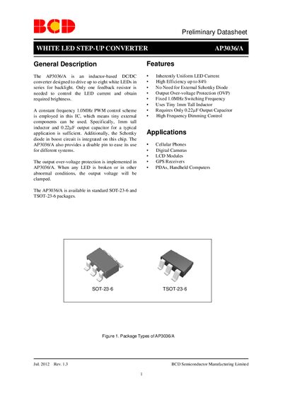 BCD Semiconductor AP3036/A White LED Step-Up Converter Data Sheet
