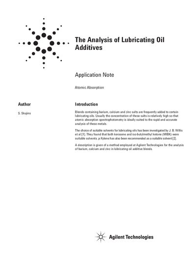 Agilent AA-5 Atomic Absorption Spectrophotometer Lubricating Oil Additive Analysis Application Note - cover page