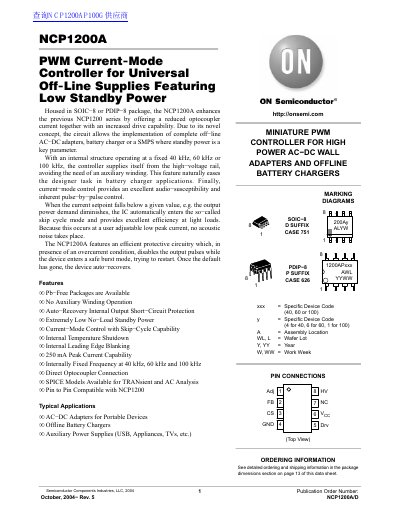 ON Semiconductor NCP1200A PWM Current-Mode Controller Datasheet - cover page