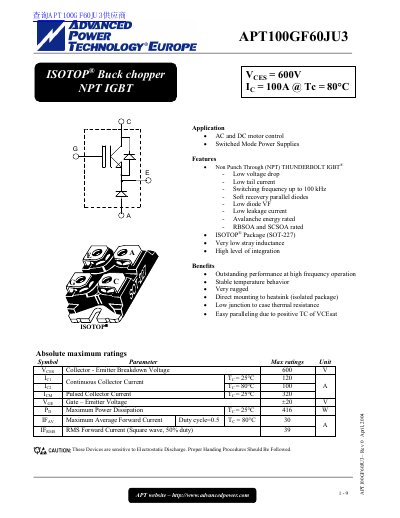 Advanced Power Technology APT100GF60JU3 IGBT Datasheet - cover page