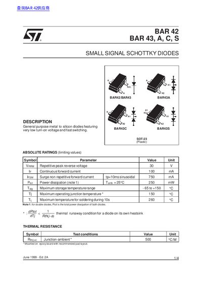 STMicroelectronics BAR42/BAR43 Small Signal Schottky Diodes Datasheet - cover page