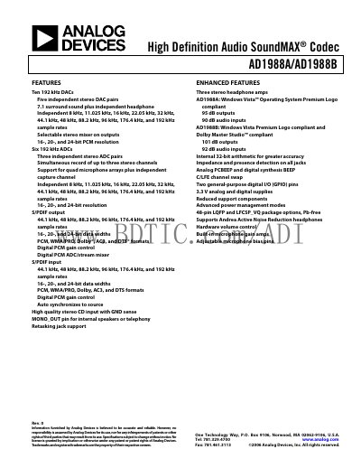 Analog Devices AD1988A/AD1988B Audio Codec Datasheet - cover page