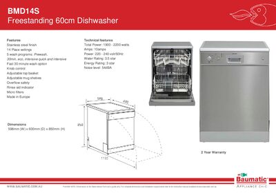 BMD BMD14S Freestanding Dishwasher Product Leaflet - cover page