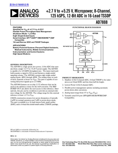 ANALOG DEVICES AD7888 +2.7 V to +5.25 V Micropower 8-Channel 125 kSPS 12-Bit ADC in 16-Lead TSSOP handbook - cover page