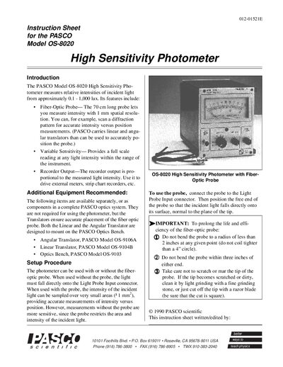 PASCO OS-8020 High Sensitivity Photometer Instruction Sheet - cover page