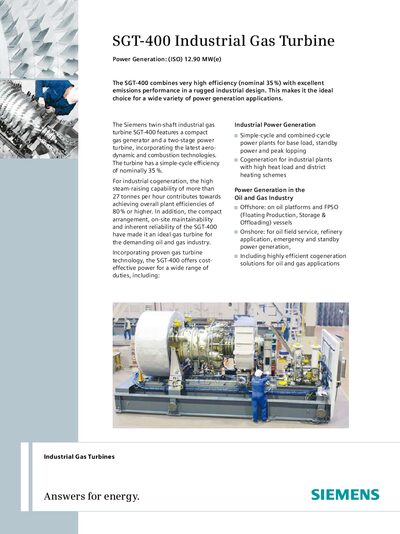 Siemens SGT-400 Industrial Gas Turbine Product Data Sheet