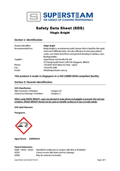 SuperSteam Magic Bright Safety Data Sheet - cover page