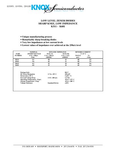 K511‑K681 Low Level Zener Diodes Datasheet - cover page