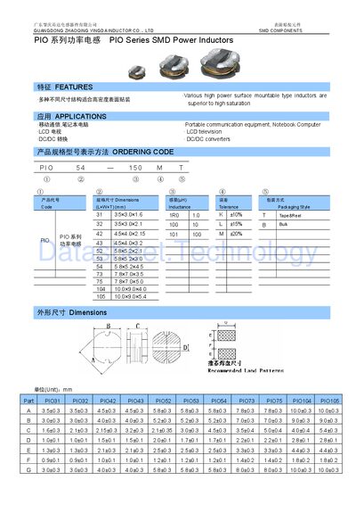 Yingda PIO Series Power Inductor Datasheet - cover page