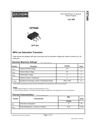 Fairchild FZT649 NPN Low Saturation Transistor Datasheet - cover page