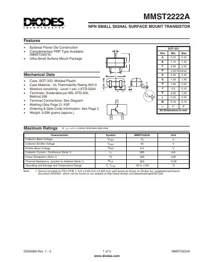 Diodes MMST2222A NPN Small Signal Transistor Datasheet - cover page