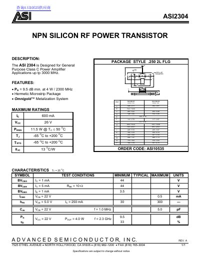 Advanced Semiconductor ASI2304 RF Power Transistor Datasheet - cover page