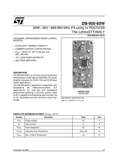 ST DB-900-60W 60W 26V 869-894 MHz PA using 1x PD57070S The LdmosST FAMILY handbook - cover page