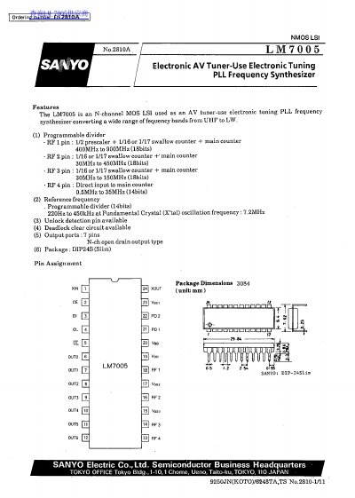 Sanyo LM7005 Electronic AV Tuner PLL Frequency Synthesizer Datasheet - cover page