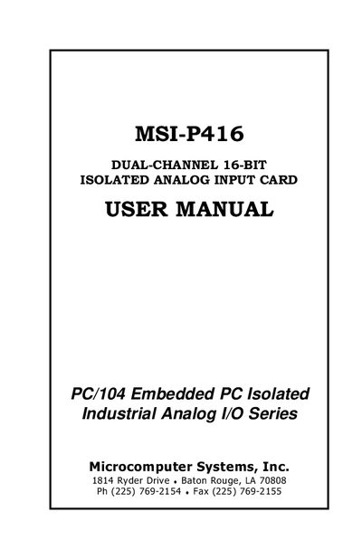 Microcomputer Systems MSI-P416 Dual-Channel 16-Bit Isolated Analog Input Card User Manual - cover page