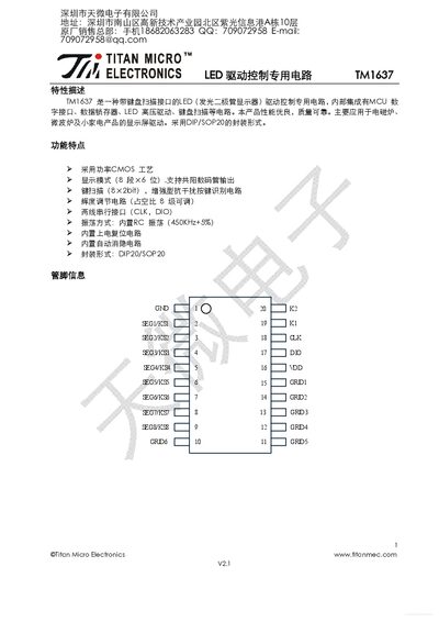 Titan Micro Electronics TM1637 LED Driver Datasheet - cover page