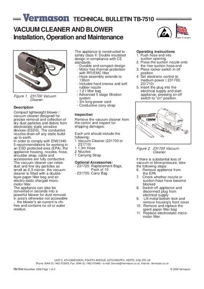 VERMASON VACUUM CLEANER AND BLOWER Installation Operation Maintenance UNIT C 4TH DIMENSION FOURTH AVEN - cover page