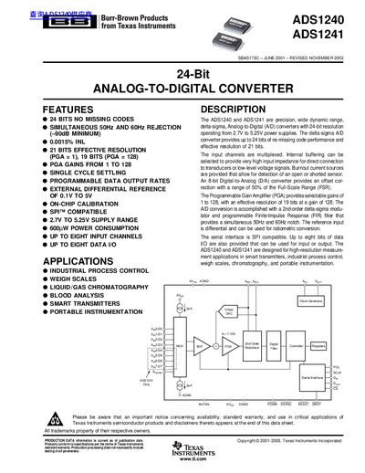 Texas Instruments ADS1240/ADS1241 24-Bit Analog-to-Digital Converter Datasheet