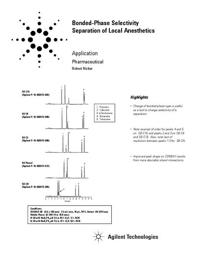 Agilent Bonded-Phase Selectivity Separation of Local Anesthetics Application Note - cover page