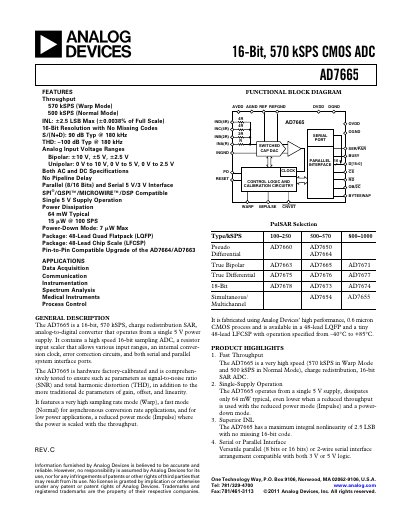 Analog Devices AD7665 16‑bit ADC Datasheet - cover page