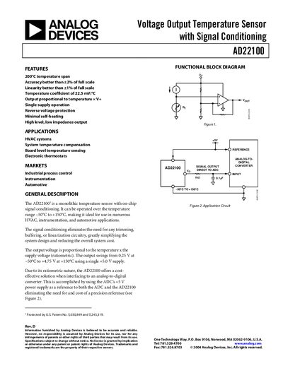 Analog Devices AD22100 Voltage Output Temperature Sensor Datasheet - cover page