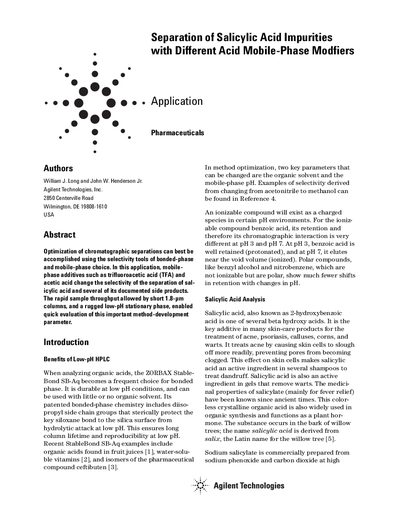 Agilent StableBond SB-Aq Salicylic Acid Impurities Application Note - cover page