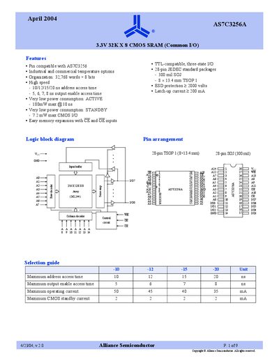 Alliance AS7C3256A SRAM Datasheet - cover page